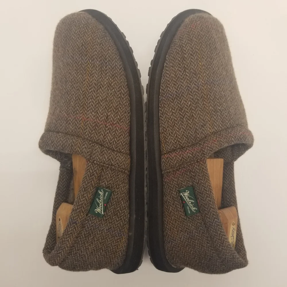 Woolrich Mens Size 12 Moccasin Slipper Tan Wool Tweed Sherpa Lining Comfort